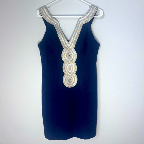 Lilly Pulitzer Women's Valli Shift Dress True Navy Silver Gold Cross Neck Size 2 - Picture 1 of 10